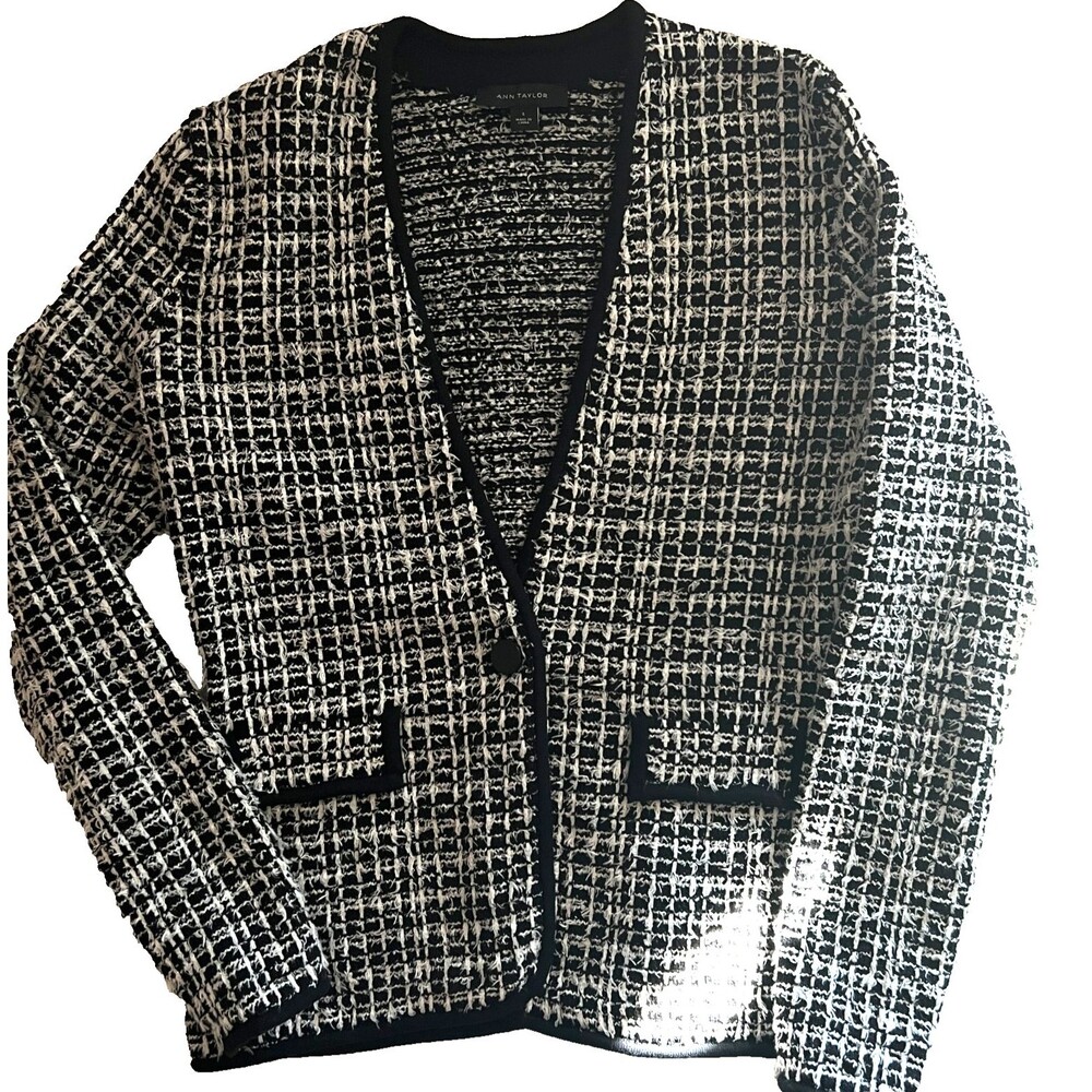 Ann Taylor Blazer Cardigan S Bouclé Texture Black White Silvr metallic threads
